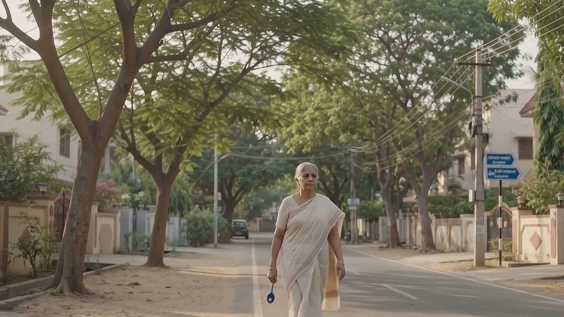 A senior walking alone along a tree-lined street